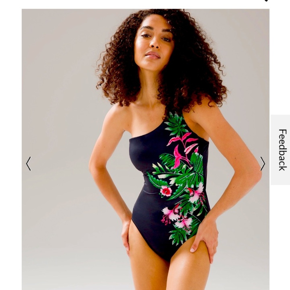 One Shoulder one piece black bathing suit.